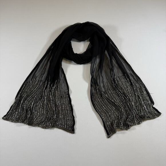 Vintage Beaded Sequin Evening Formal Silk Scarf Shawl Lightweight - Black OS - Picture 1 of 9